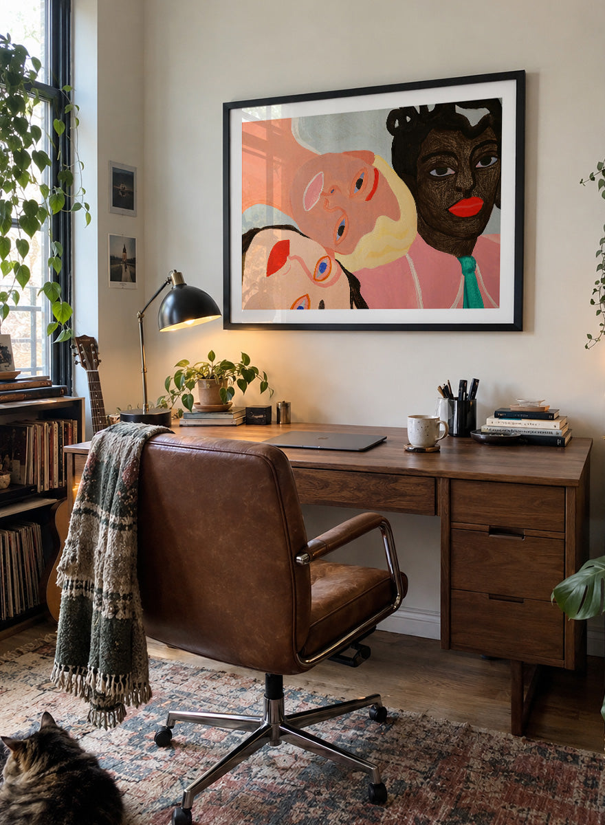 Shop Three Friends by Sophia Novosel, a modern women portrait wall art print poster featuring three women, bold red lips, vivid eyes, and expressive color.