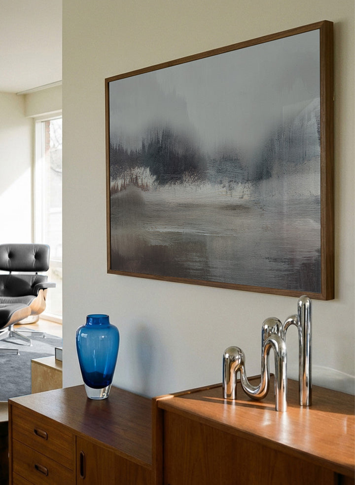 Shop Forest Lake by Dan Hobday, a misty landscape art print featuring dark forest trees, reflective water, soft gray-blue tones, and layered brush texture.