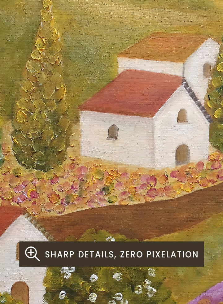 A framed landscape painting featuring rolling green hills, white houses with red roofs, tall conical trees, and a figure standing on a purple field. Shop Woman in Lavender Fields by Angeles M. Pomata, a colorful landscape and figurative art print featuring lavender fields, white houses, cypress trees, and rolling hills.