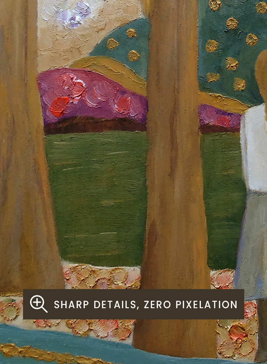 A framed landscape painting featuring a woman standing among tall trees, looking over a patchwork field of hills in earthy tones of green, purple, orange, and beige. Shop Woman Among Vibrant Hills by Angeles M. Pomata, a colorful landscape and portrait art print featuring a woman, rolling hills, trees, and earthy tones.