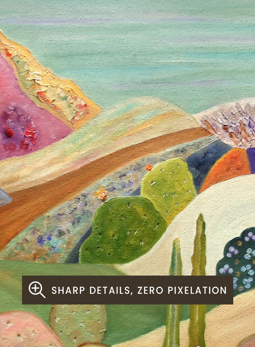 A framed colorful landscape painting featuring stylized cacti, hills, and a coastal scene. Shop Colorful Desert Yoga View by Angeles M. Pomata, a colorful desert landscape art print featuring cacti, rolling hills, a yoga figure, and coastal views.