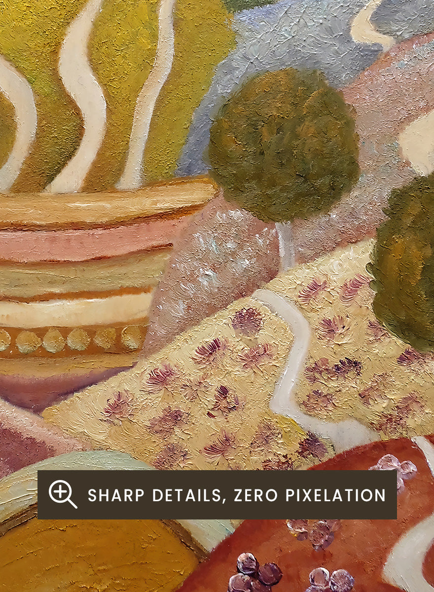 A framed landscape painting featuring stylized rolling hills, winding paths, small houses with red roofs, and trees. Shop Charming Hillside Village by Angeles M. Pomata, a colorful countryside art print featuring winding paths, red-roof houses, flowering fields, and warm autumn tones.