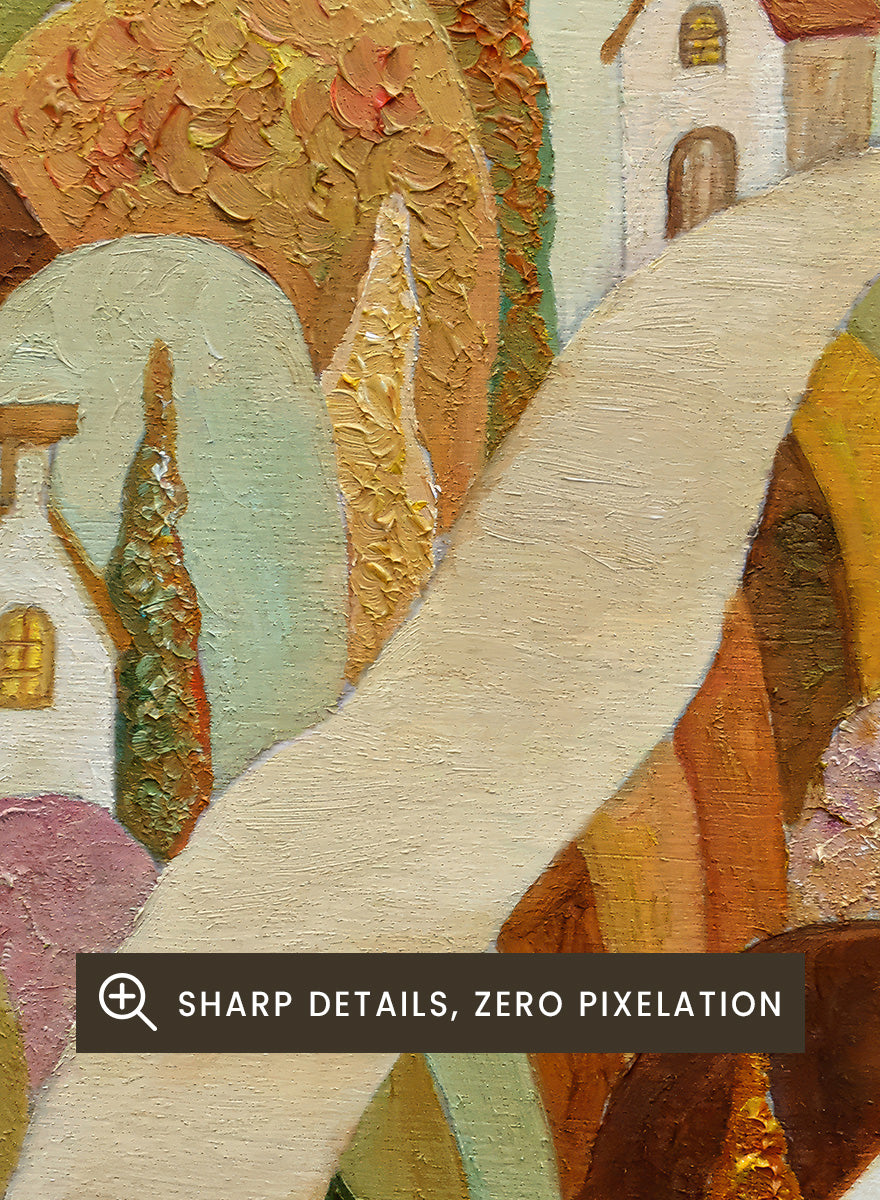 A framed landscape painting featuring stylized white houses, a winding cream path, and rolling hills in earthy tones of brown, orange, green, and purple. Shop Whimsical Village Path by Angeles M. Pomata, an autumn landscape art print featuring a winding road, white village houses, rounded hills, and warm earthy tones.