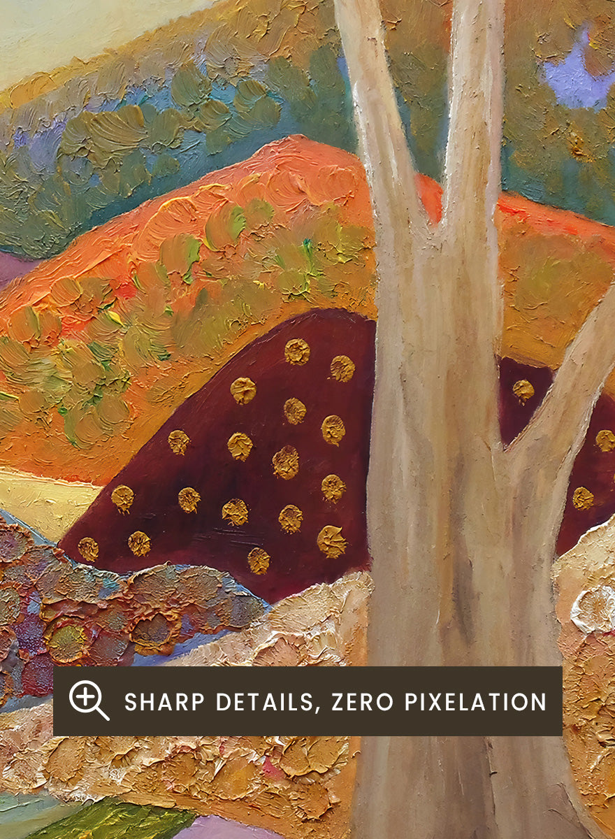 A framed landscape painting featuring stylized trees, a winding path, patchwork fields, and mountains in warm earthy tones. Shop Colorful Field Path by Angeles M. Pomata, an autumn landscape art print featuring a winding path, textured fields, flowers, and rolling countryside.