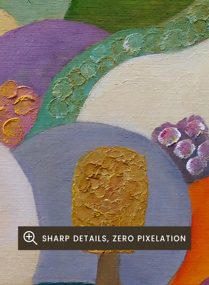 A colorful abstract landscape painting in a black frame, featuring stylized hills, trees, flowers, and a small house. The artwork has a playful, patchwork-like design with multiple vibrant colors including green, purple, orange, pink, blue, and yellow, set against a light beige wall. Shop Whimsical Hillside Village by Ángeles M. Pomata, a colorful landscape art print with rolling hills, patterned trees, and a dreamy village feel.