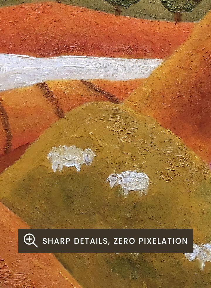 A framed landscape painting featuring rolling hills in warm earth tones, purple and green valleys, a small white house, and white sheep. Shop Pastoral Hills With Sheep by Angeles M. Pomata, an autumn countryside art print featuring rolling hills, grazing sheep, a white farmhouse, and warm earthy tones.