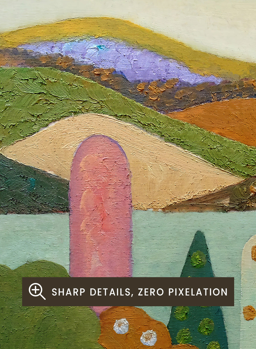A framed landscape painting featuring stylized hills, trees, and abstract shapes in earthy tones of green, brown, orange, red, blue, and purple. Shop Vibrant Whimsical Landscape by Angeles M. Pomata, a colorful landscape art print with layered hills, patterned trees, and a soft dreamlike feel.