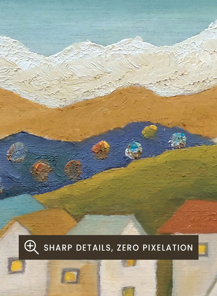 A framed folk-art style landscape painting depicting a village with white houses, winding roads, colorful trees, and mountains under a blue sky. Shop Autumn Road Village by Angeles M. Pomata, a colorful autumn landscape art print featuring a winding road, white village houses, fall trees, and distant mountains.