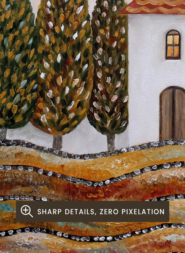A framed landscape art print depicting a small white house with a red-tiled roof, surrounded by tall green cypress trees and wavy golden-brown hills. Shop Tuscan Cypress House by Angeles M. Pomata, an autumn landscape art print featuring a white country house, tall cypress trees, terracotta roof, and warm earthy tones.