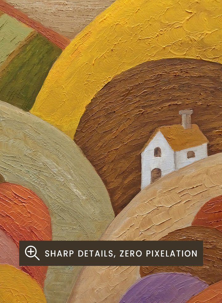 A framed abstract landscape painting featuring stylized hills, rolling forms, small houses, and a large yellow circular shape. Shop Colorful Hillside Village by Angeles M. Pomata, an autumn landscape art print featuring rounded hills, tiny white houses, earthy tones, and rich oil texture.