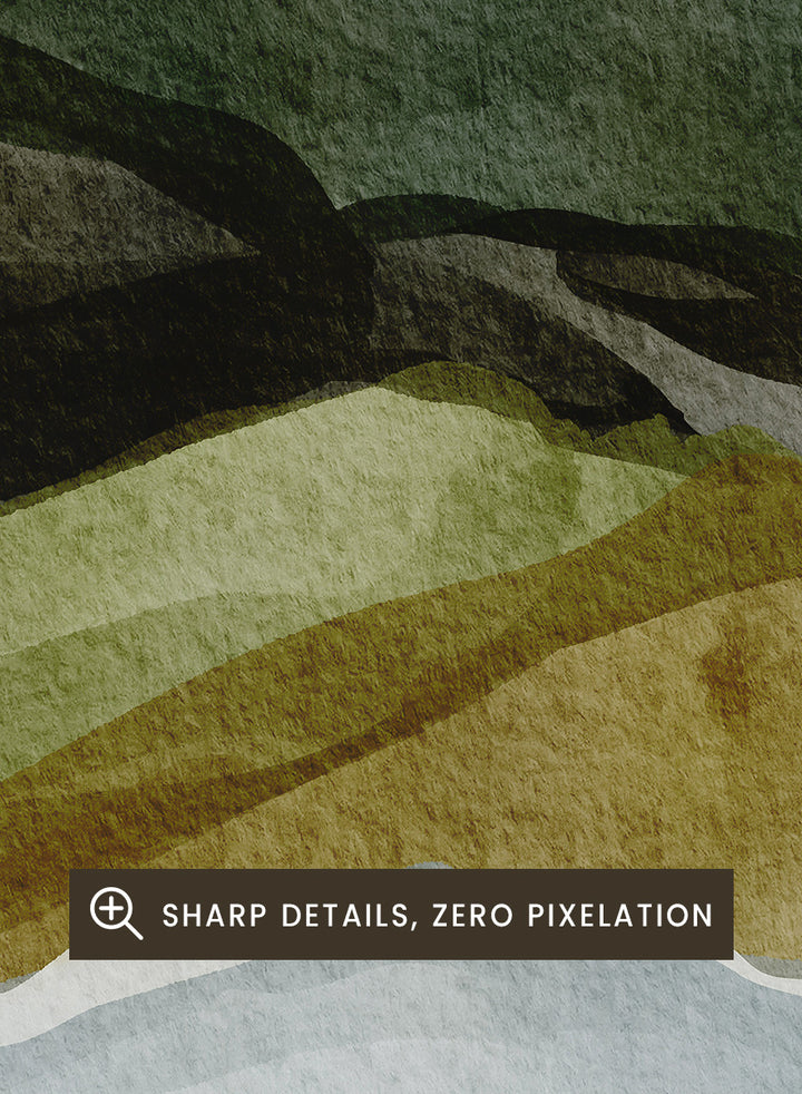 Shop Serene Green Landscape by Nikita Jariwala, a modern abstract landscape art print featuring layered hills, rolling countryside, and soft green, olive, gray, and blue tones.