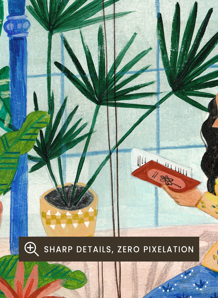 Woman sitting among plants in a room with bamboo and various greenery. Botanical Greenhouse Reader by Caroline Bonne Müller is a fine art print and wall poster featuring a woman reading in a lush indoor garden filled with tropical plants.