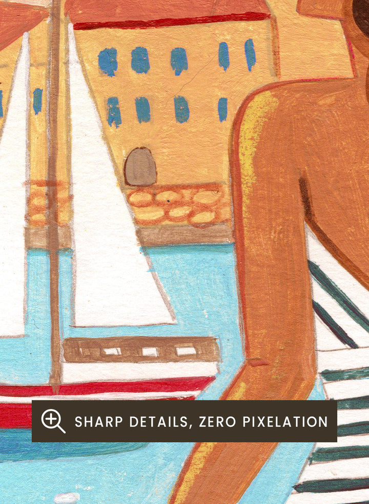 Woman on a balcony overlooking a coastal town with boats and flowers. Woman Balcony Coastal View by Caroline Bonne Müller is a fine art print and wall poster of a woman overlooking a coastal town with boats in a modern aesthetic style.