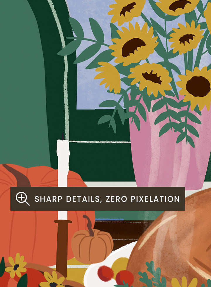 A framed art print depicting a cozy, stylized autumn kitchen scene with a large roasted turkey on a table covered in fall dishes, green cabinets, pumpkins, and three bar stools. Cozy Thanksgiving Kitchen by Ceyda Alasar kitchen art print featuring a turkey feast, pie, pumpkins, flowers, candles, and warm autumn decor.