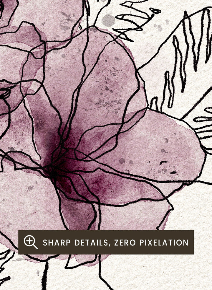Abstract floral art print featuring two translucent mauve-purple watercolor flower shapes with black line-drawn stems and fern-like leaves on a textured off-white background. Shop Delicate Botanical Outline by Ankie Kooi, a floral wall art print poster with purple watercolor flowers, botanical line art, fern leaves, and cream tones.