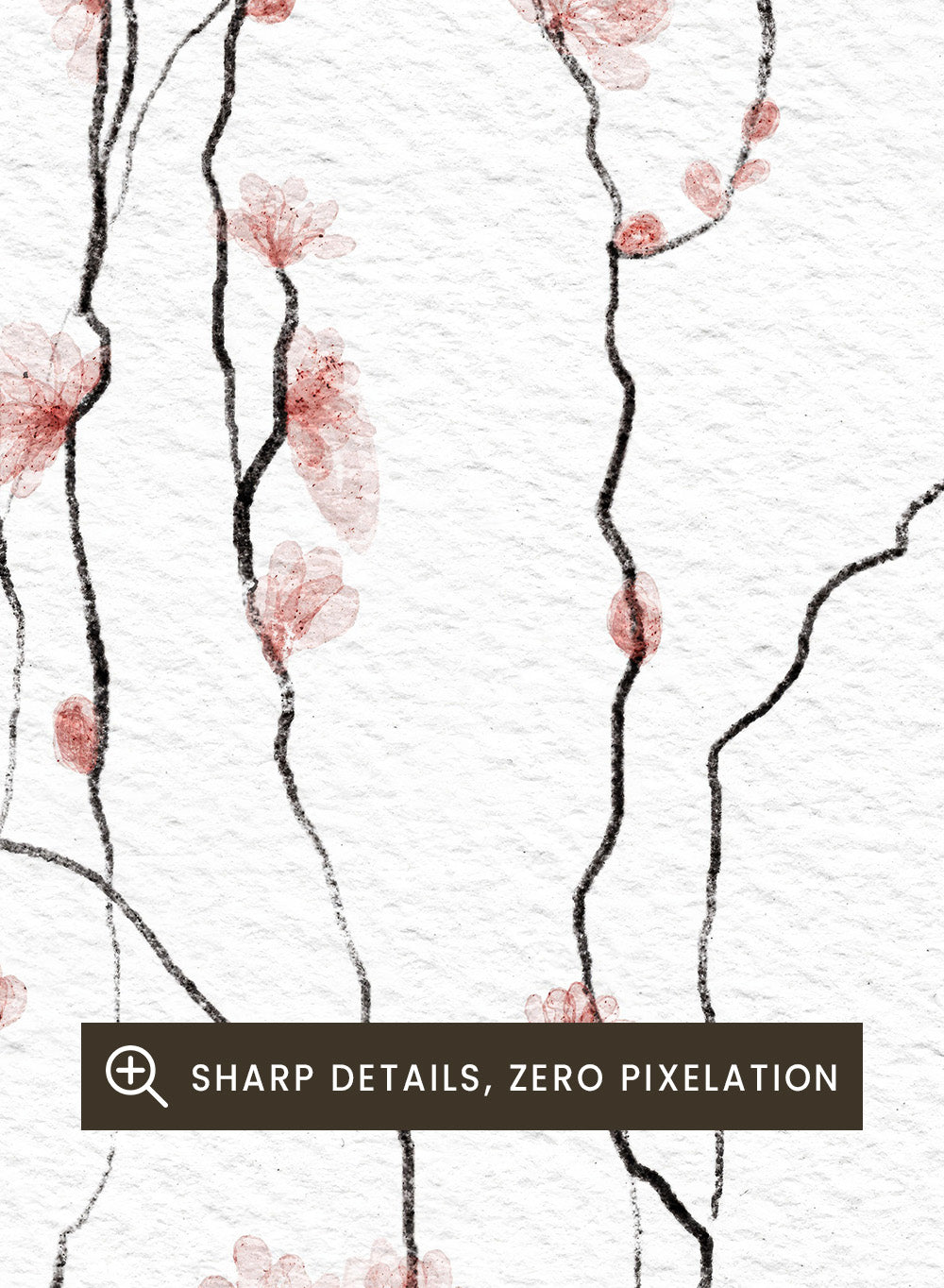 Art print of cherry blossom branches with pink flowers on a white background. Blooming Spring by Ankie Kooi art print featuring delicate pink blossoms, thin branches, watercolor florals, minimalist botanical illustration, soft nature wall poster.