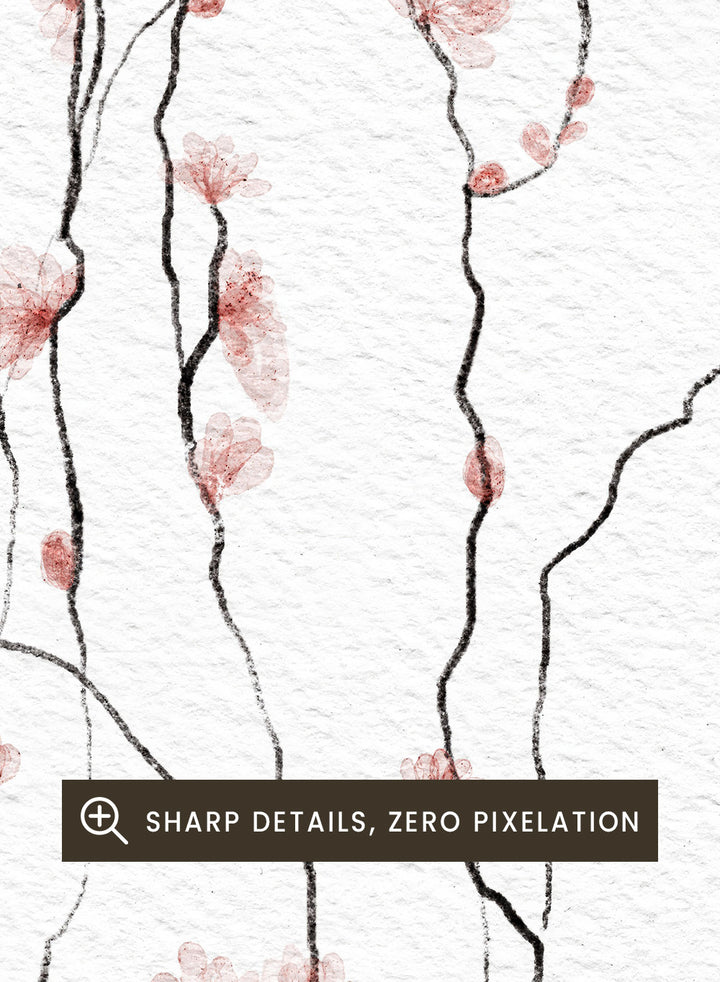 Art print of cherry blossom branches with pink flowers on a white background. Blooming Spring by Ankie Kooi art print featuring delicate pink blossoms, thin branches, watercolor florals, minimalist botanical illustration, soft nature wall poster.