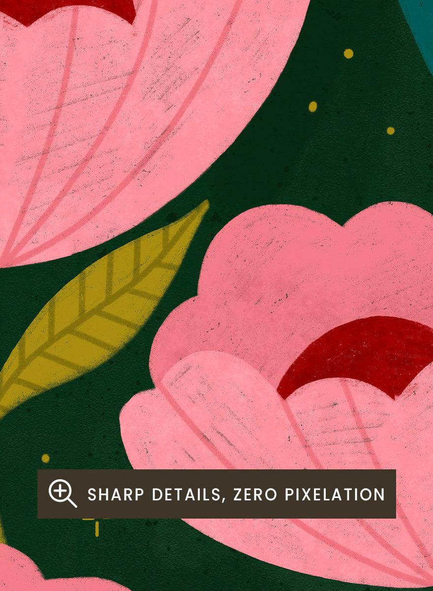 Shop Calm Women in Flowers by Bea Müller, a figurative floral wall art print poster featuring women among oversized pink flowers in a dreamy garden.