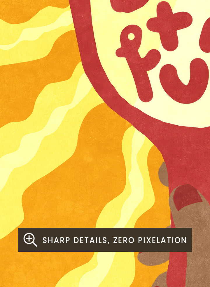 Hand holding a sign with 'You're beautiful' on an orange and yellow background. Beautiful by Raissa Oltmanns is a modern motivational art print featuring a hand mirror illustration, bold lettering, and bright statement wall poster style.