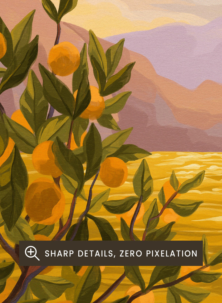 Sailing boat on a yellow sea with mountains and lemon tree in the foreground. Golden Sunset by Goed Blauw is a coastal art print and wall poster featuring a sailboat on a glowing ocean with cliffs and an orange tree.
