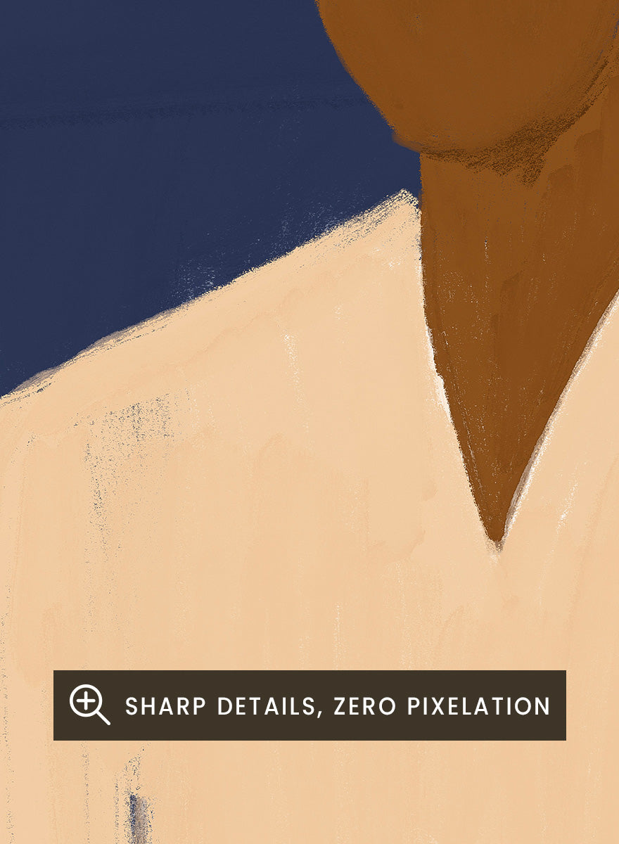 A stylized art print depicting a seated figure in a wide-brimmed pink hat, cream shirt, and dark brown trousers against a large dark blue arch on a beige background. Man In Blue Arch by The Art Concept portrait art print featuring a lone figure beneath a deep blue arch in warm earthy tones.