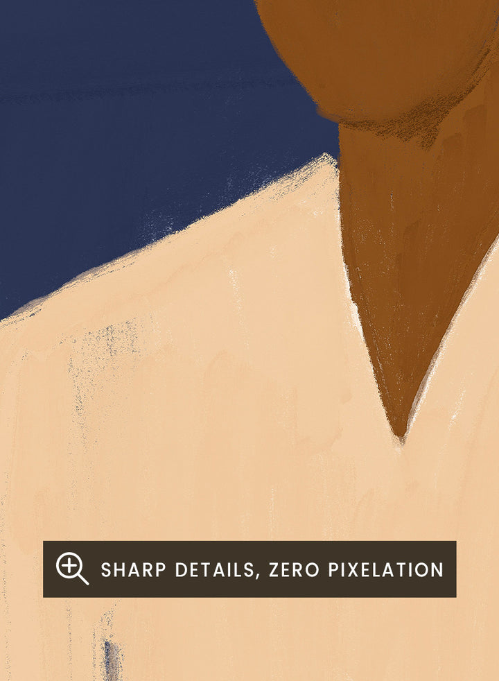 A stylized art print depicting a seated figure in a wide-brimmed pink hat, cream shirt, and dark brown trousers against a large dark blue arch on a beige background. Man In Blue Arch by The Art Concept portrait art print featuring a lone figure beneath a deep blue arch in warm earthy tones.