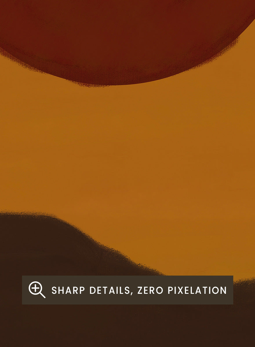 A minimalist abstract landscape art print featuring a dark brown sun over a wavy horizon, with vertical brown and cream stripes at the bottom. Minimalist Desert Sun by The Art Concept landscape art print featuring a red sun, dark rolling hills, warm ochre tones, and bold vertical stripes.