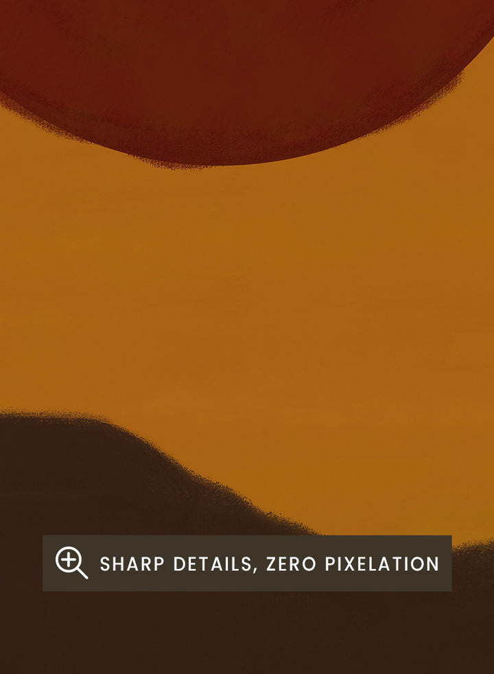 A minimalist abstract landscape art print featuring a dark brown sun over a wavy horizon, with vertical brown and cream stripes at the bottom. Minimalist Desert Sun by The Art Concept landscape art print featuring a red sun, dark rolling hills, warm ochre tones, and bold vertical stripes.