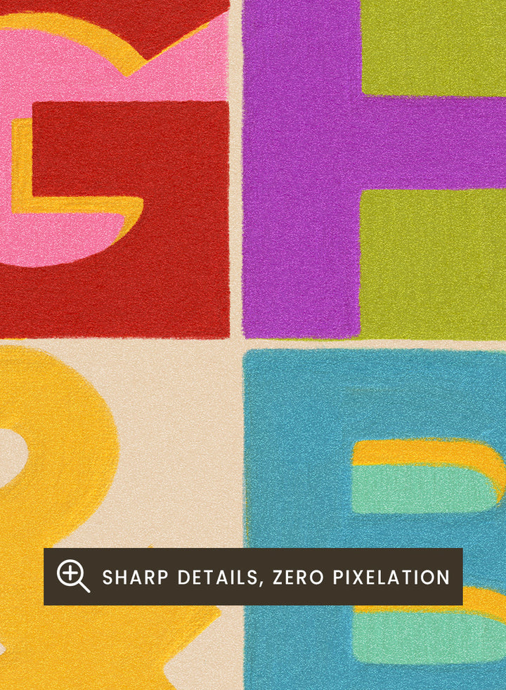 Shop Bright and Brave Letters by Dominique Vari, a colorful typography wall art print poster featuring bold retro lettering in pink, red, blue, green, and yellow.