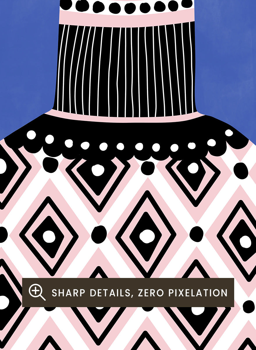 Shop Patterned Tribal Vase by Elena Ristova, a colorful wall art print poster featuring bold diamonds, stripes, pink, blue, black, and red details.