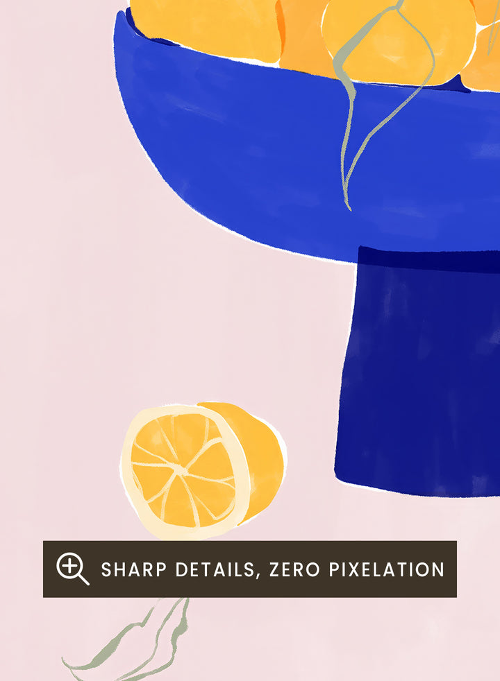 Illustration of lemons in a blue bowl on a pink background with 'Citrons' text and 'Ivy Green' branding. Citrons by Ivy Green lemon art print featuring bowl of lemons illustration, modern fruit poster design, and colorful contemporary kitchen wall art.