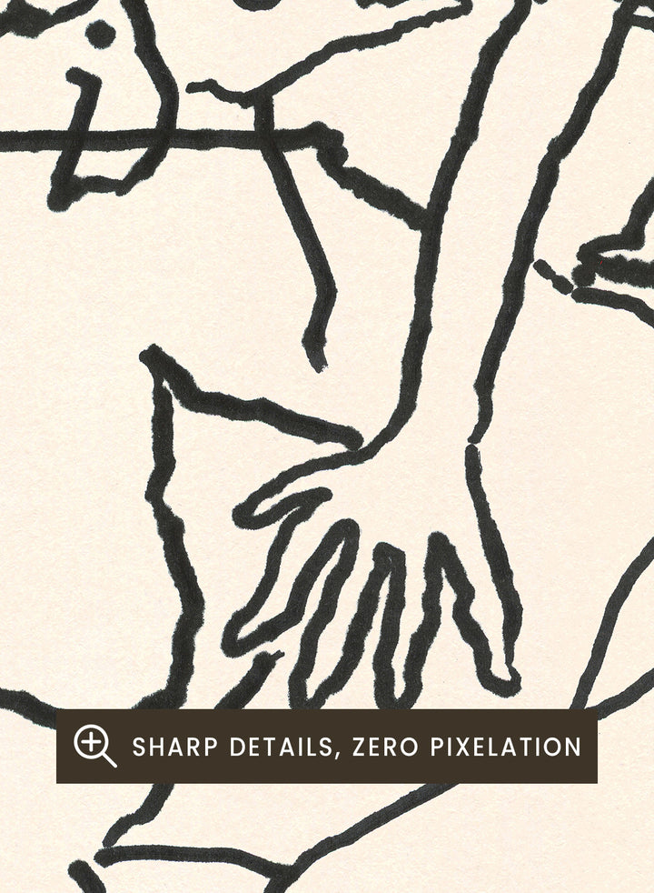 Black and white illustration of two figures embracing with text above and below. Dance Me To the End of Love by Eden Kalif is a modern figurative line art print with expressive figures and text, a contemporary minimalist wall poster about connection.