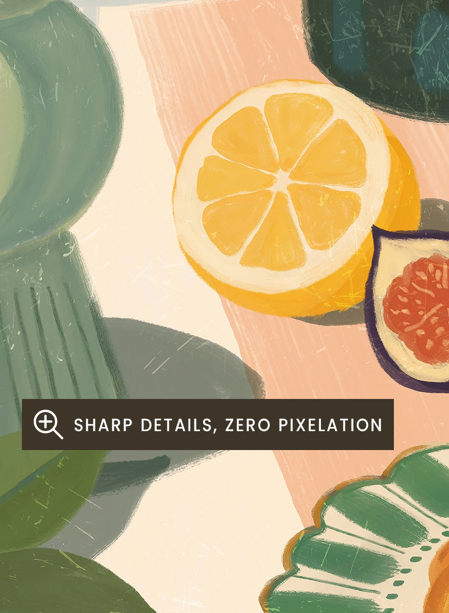 A stylized still life illustration showing a bottle, flowers in a pitcher, fruit, bread, and tableware on a striped surface against a grid background. Colorful Breakfast Still Life by Katarzyna Gąsiorowska art print featuring fruit, flowers, a croissant, and colorful kitchen tableware in soft modern tones.