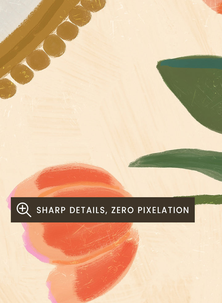 Fresh Tulips and Oranges by Katarzyna Gąsiorowska botanical still life art print with coral flowers, citrus fruit, and a patterned ceramic vase.