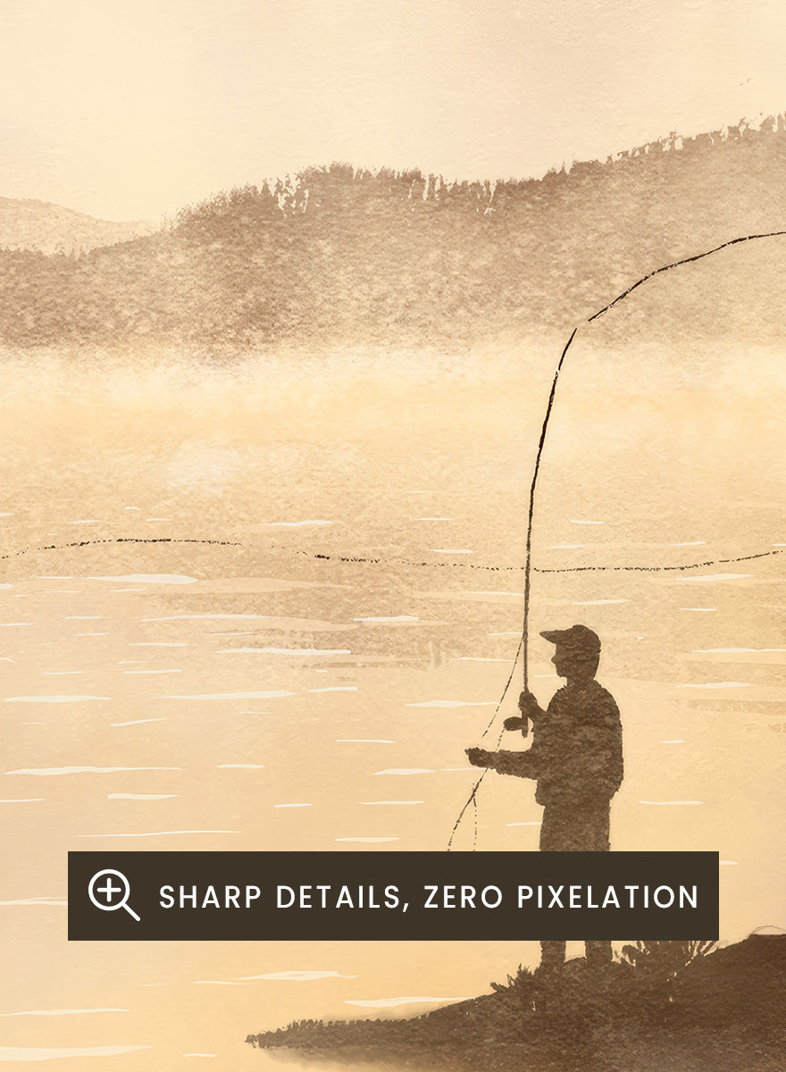 A framed art print featuring a serene landscape painting of a fisherman casting a line on a misty lake with mountains in the background, rendered in warm golden and beige tones. Shop Misty Lake Fisherman by Jake Waldron, a minimalist fishing wall art print featuring a lone angler, mountain lake, golden mist, and outdoor adventure.