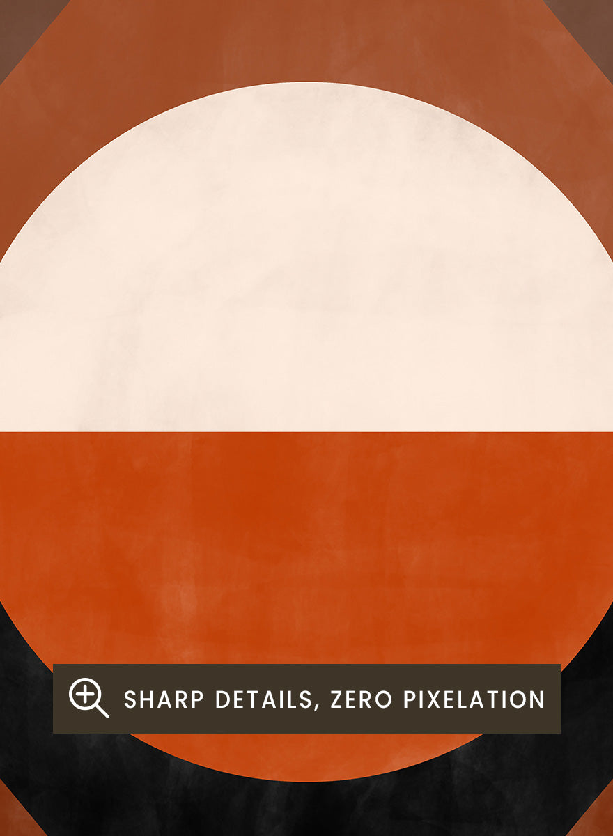 Shop Geometric Earth Tones by Elena Ristova, a modern abstract wall art print poster with bold geometric shapes in orange, cream, brown, and black.