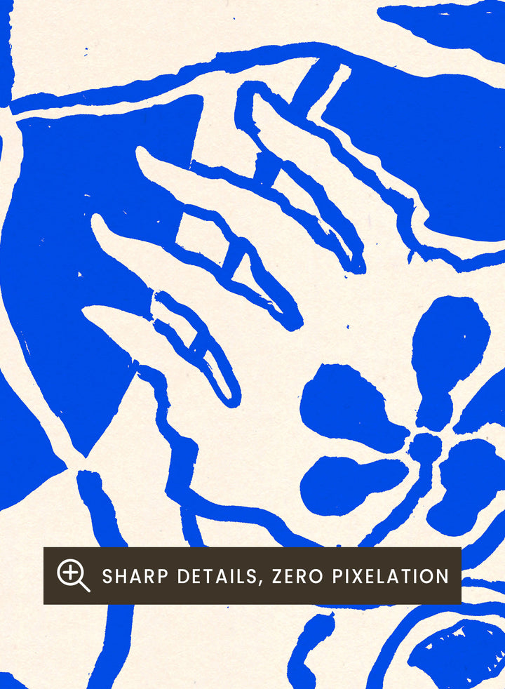 Blue and white abstract design with a central figure and sun-like elements on a beige background. Protection Blue by Eden Kalif is a modern figurative art print in bold blue, a contemporary minimalist wall poster with symbolic forms and expressive line work.
