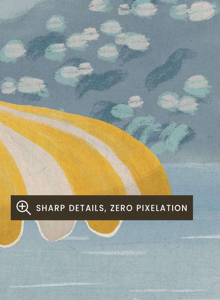 A vintage-style illustrated poster or print showing a beach scene with two striped lounge chairs under a yellow-and-white umbrella, potted plants, blue water, and mountains in the background. The words &