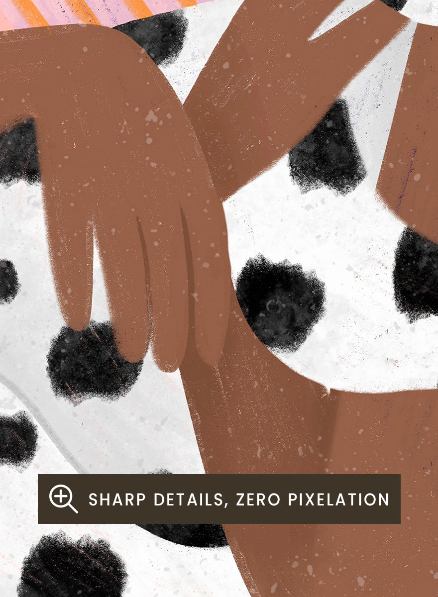 A framed art print featuring a stylized illustration of a person with an afro holding a black-and-white spotted cat, set against a peach and orange striped background. Cozy Cat Cuddles by Bea Müller animal art print featuring a woman embracing a spotted cat among soft peach and lilac stripes for cozy pet lover decor.