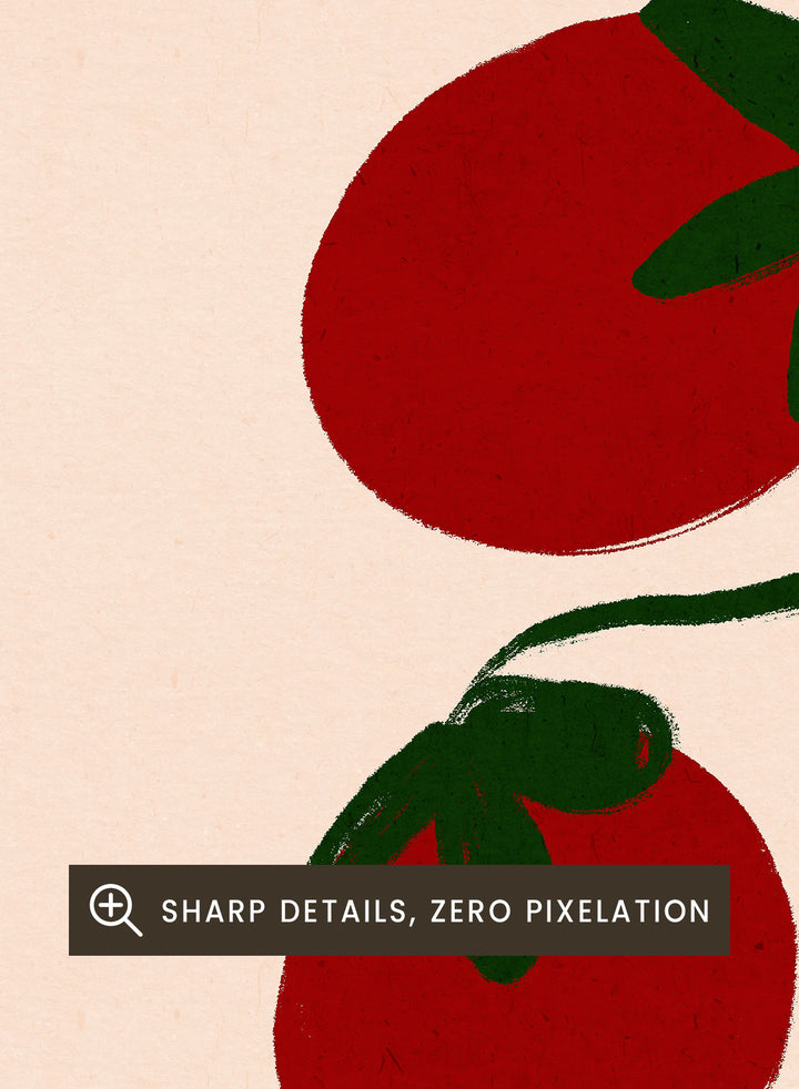 Illustration of red tomatoes on a branch with ' pomodoro' text on a beige background. Italian Pomodoro Tomatoes by Dirkie Nell is a contemporary food art print featuring hand painted red tomatoes, playful typography, and colorful Mediterranean inspired style.