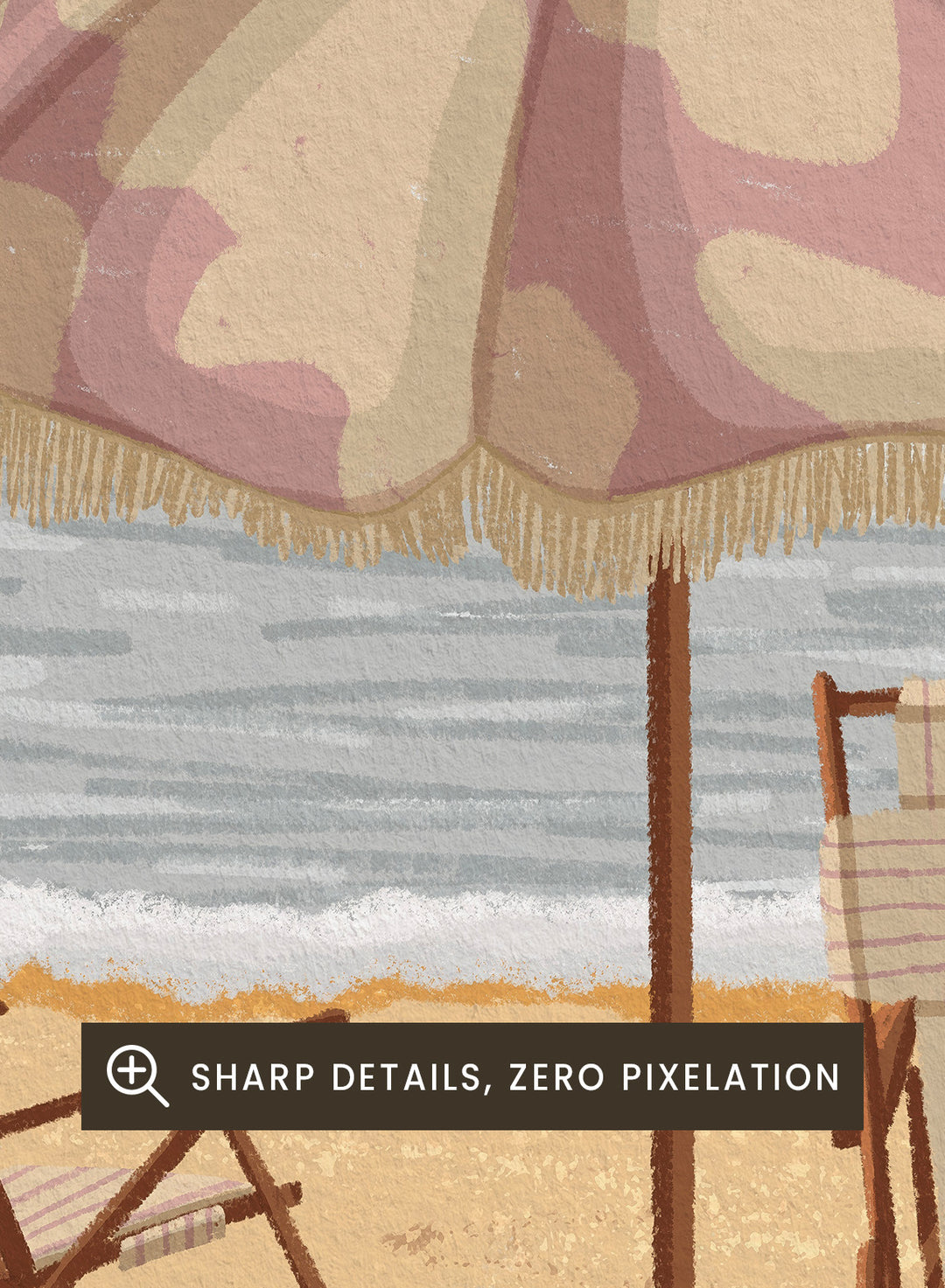 A beach scene artwork showing two wooden deck chairs under a beige and dusty pink patterned umbrella on a sandy shore, with the ocean and cloudy sky behind them. Two birds are visible in the sky. Seaside Umbrella Chairs by Lisa Solomoniuk premium framed fine art print featuring striped beach chairs beneath a fringed umbrella by the sea.
