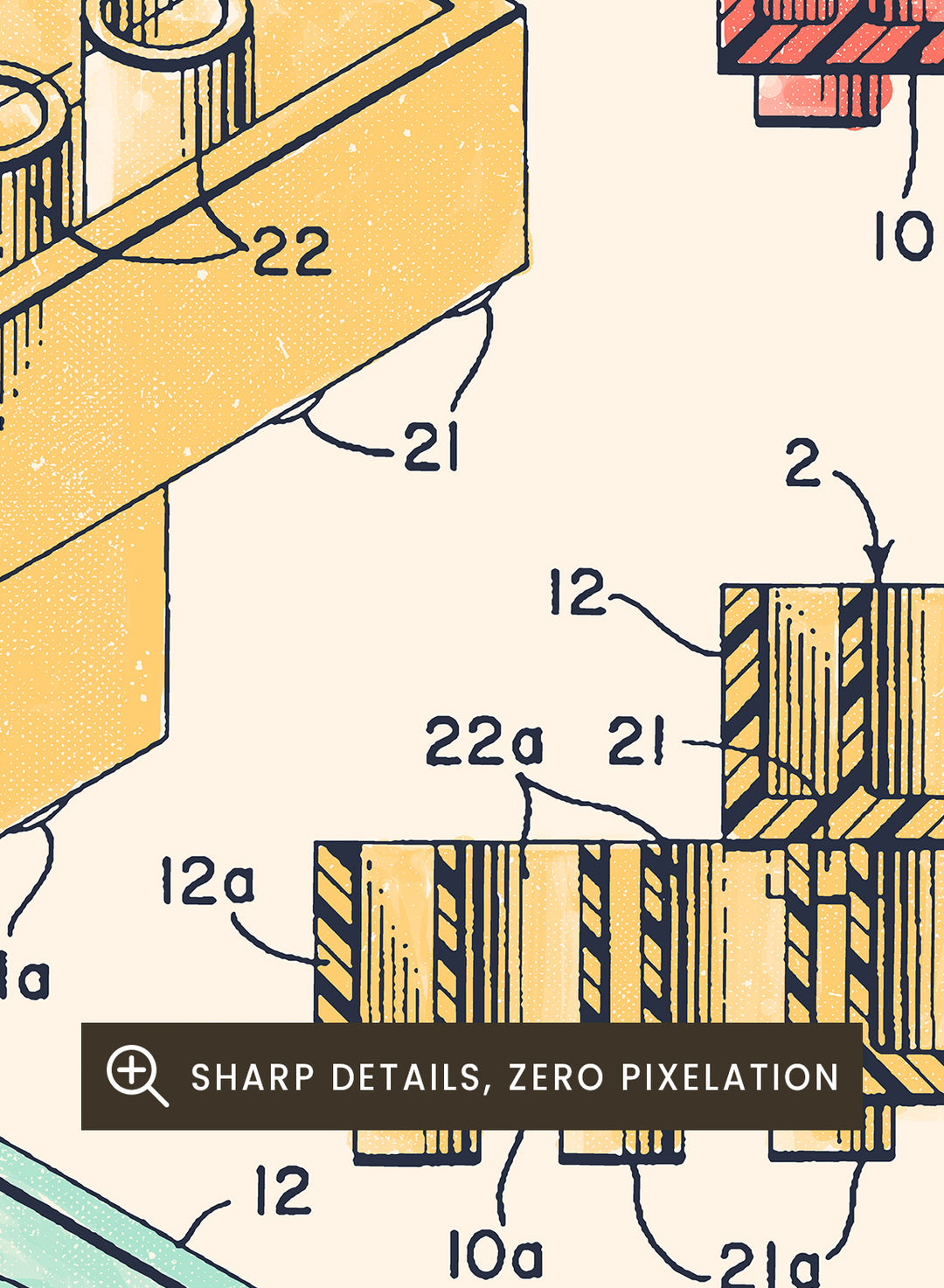 Toy building brick patent illustration with labeled figures on a white background. Historic Building Brick Patent by Florent Bodart is a vintage patent art print featuring toy brick diagrams, a technical drawing wall poster with retro industrial style.