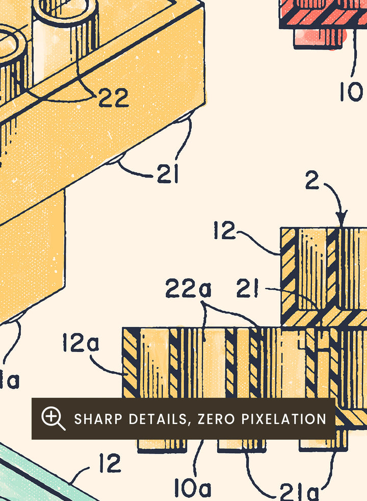 Toy building brick patent illustration with labeled figures on a white background. Historic Building Brick Patent by Florent Bodart is a vintage patent art print featuring toy brick diagrams, a technical drawing wall poster with retro industrial style.