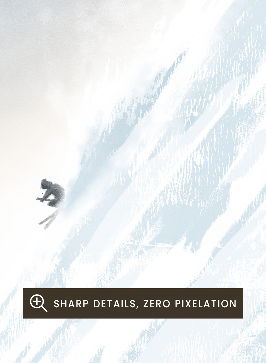 A framed art print featuring a minimalist illustration of a skier on a snowy mountain slope under a pale blue sky, with the text &