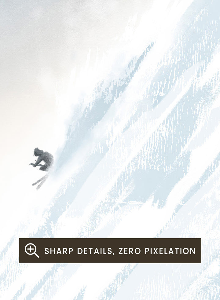 A framed art print featuring a minimalist illustration of a skier on a snowy mountain slope under a pale blue sky, with the text &