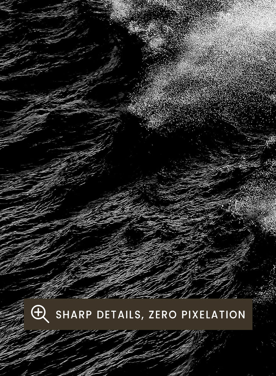 Black and white fine art photographic print of a crashing ocean wave. Dark Wave Symphony by Shot by Clint black-and-white ocean photography print featuring breaking waves, sea spray, and dramatic water texture.