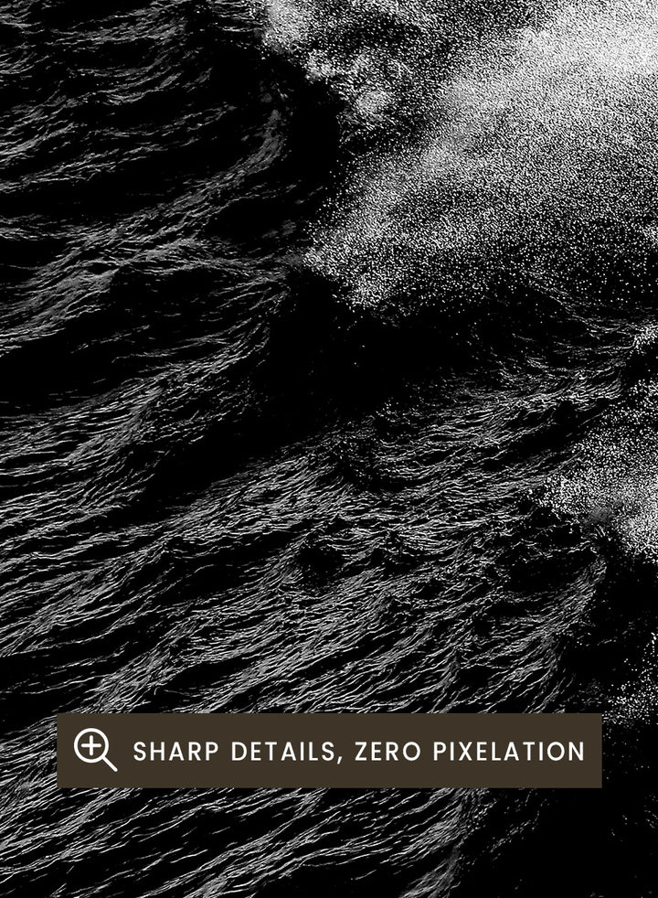Black and white fine art photographic print of a crashing ocean wave. Dark Wave Symphony by Shot by Clint black-and-white ocean photography print featuring breaking waves, sea spray, and dramatic water texture.