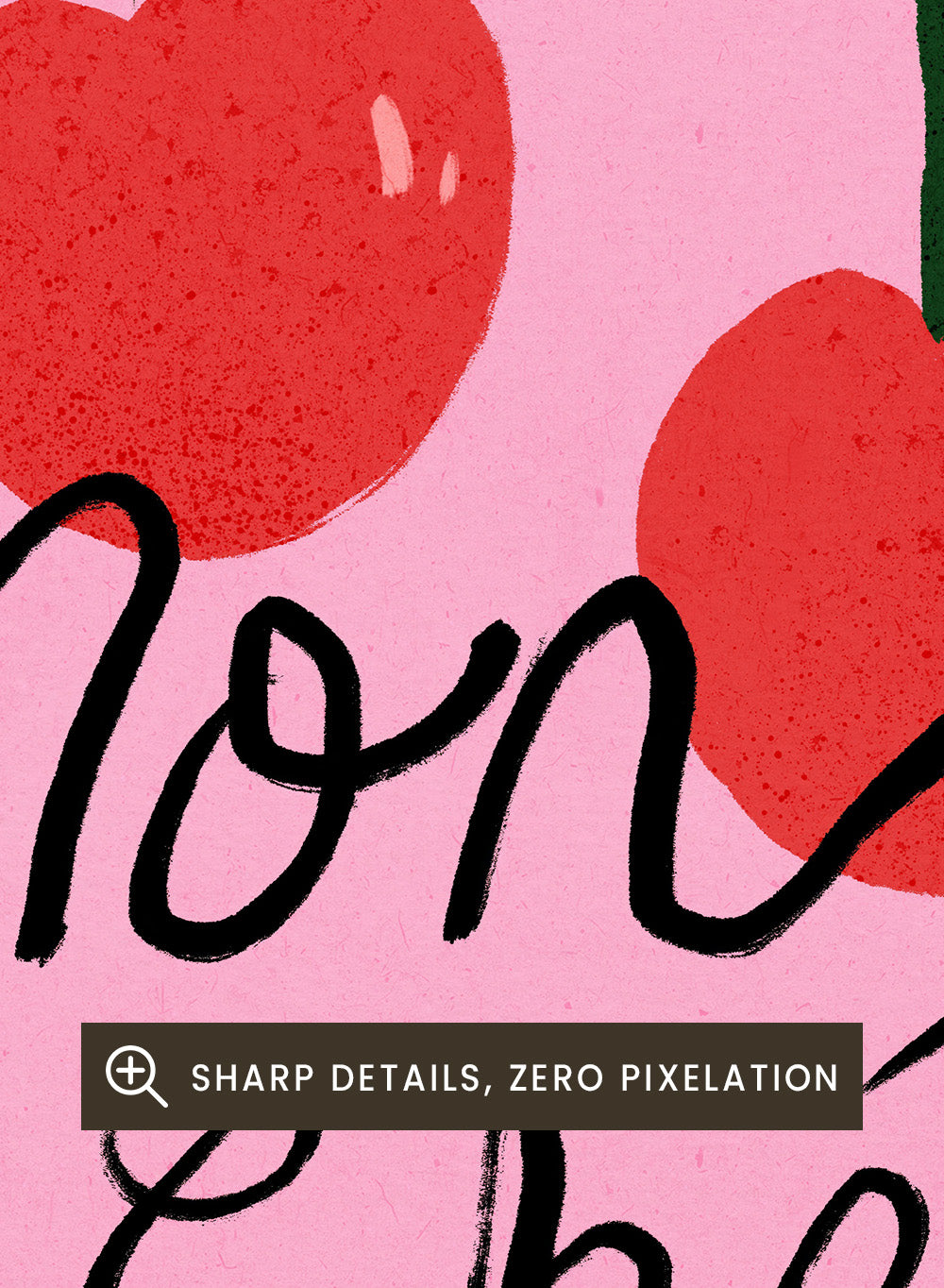 Two red cherries with green stems on a pink background and 'mon chéri' text. Mon Chéri by Dirkie Nell is a cherry typography art print featuring bold red fruit and playful lettering. A colorful love-inspired wall poster.