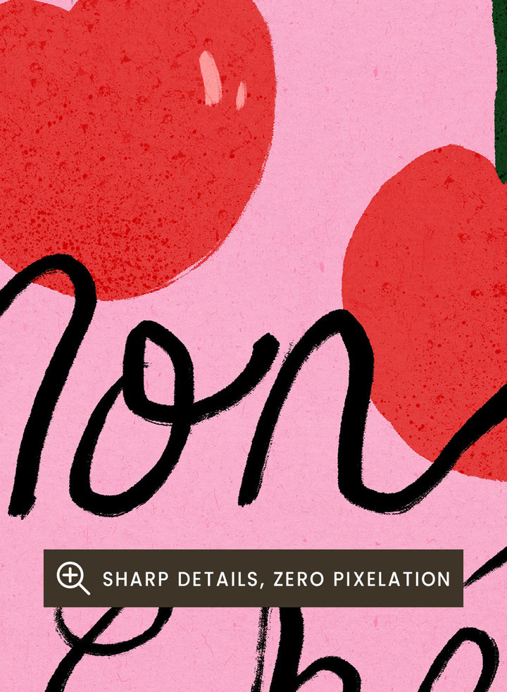 Two red cherries with green stems on a pink background and 'mon chéri' text. Mon Chéri by Dirkie Nell is a cherry typography art print featuring bold red fruit and playful lettering. A colorful love-inspired wall poster.