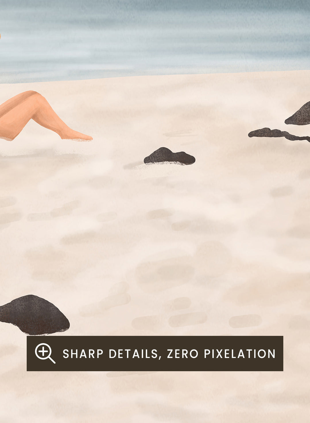 Woman under an umbrella on a beach with a calm ocean and sky. Serene Beach Scene by Flow Line is a coastal art print featuring a woman by the ocean, beach umbrella, seaside illustration, and summer wall art.